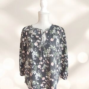 J. Crew Black Floral Tie-Neck Blouse with Pink and Green Print